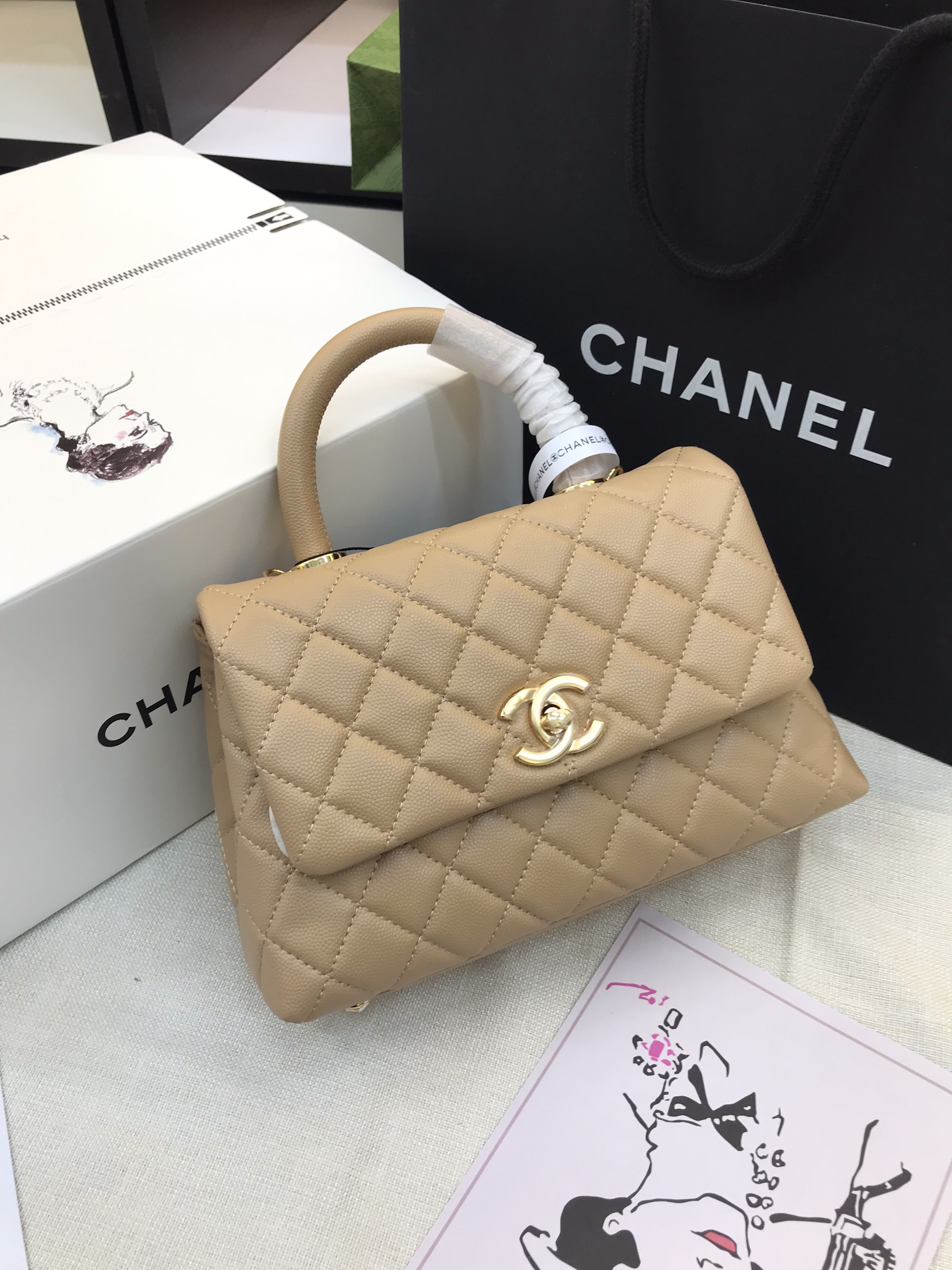 Túi Xách Chanel Coco Super Màu Kem Đậm Khóa Vàng Size 23cm
